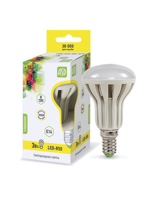 Лампа светодиодная LED-R50-standard 3.0Вт 160-260В Е14 3000К ASD